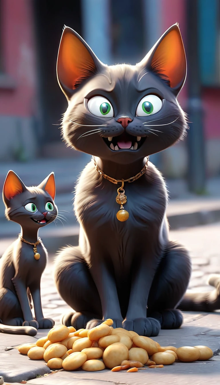 A cat whose hunger bones are visible, together with their equally hungry children on the street asking for food