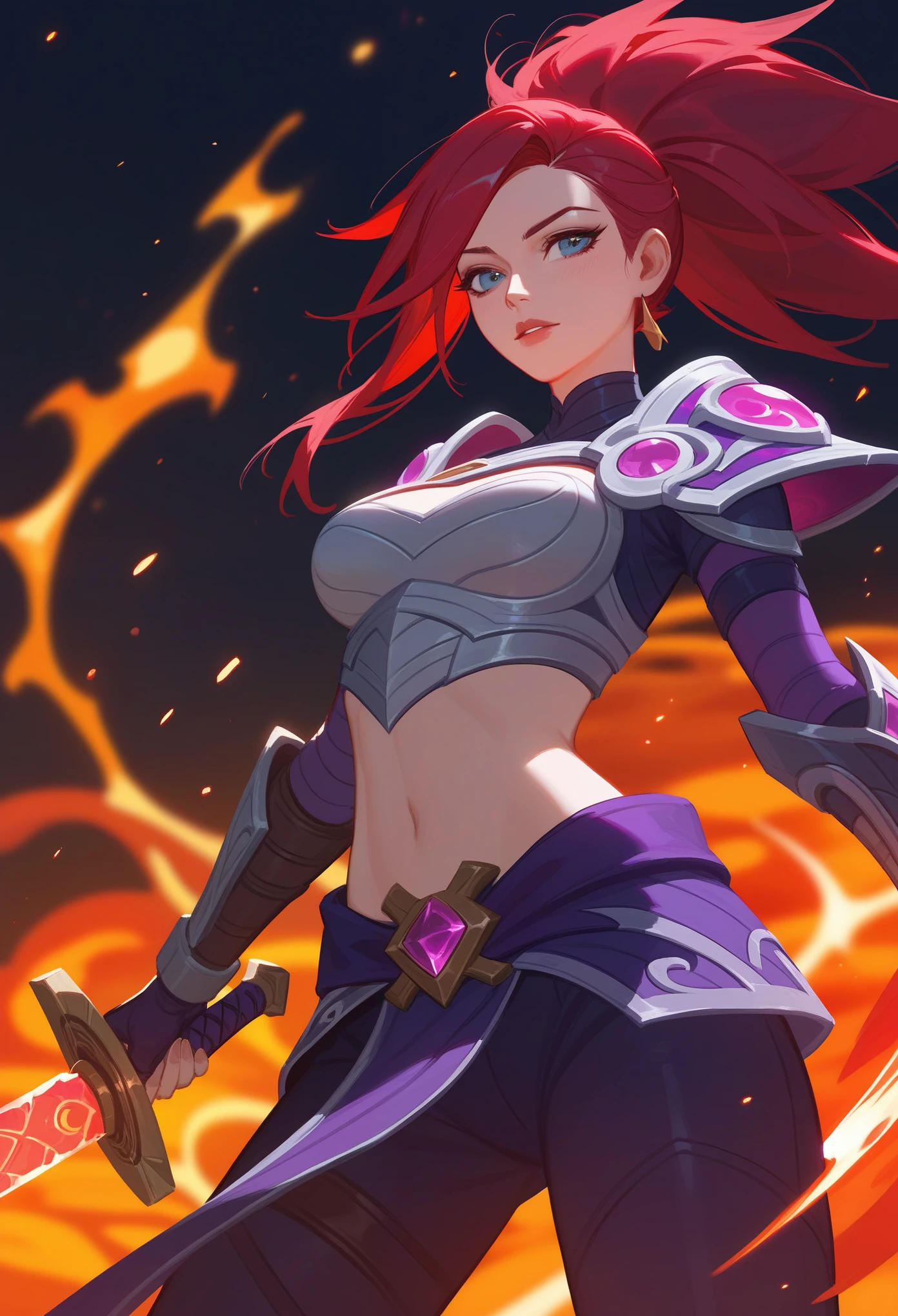 (Fraction_9,Fraction_8_Direction_7_up),1 a woman,(((bust))),Close-up of a woman holding a sword and fire,Lava armor, Arcane spells, Katarina, League of Legends ,Akali, League of Legends角色 art, League of Legends角色, LeBron, 来自 League of Legends 的 萨米拉, League of Legends的风格, League of Legends风格艺术,Crimson Moon,