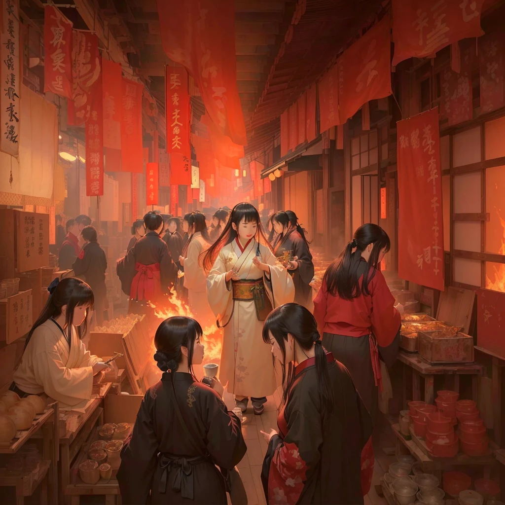 Person in a room with fire々Group painting, Old Japanese street market, by Shimo, Written by Nie Yuanlu, Dreamy city in China, by Kamisaka Sekka, Traditional Japanese concept art, Beautiful artwork illustration, by Zou Igui, Jan J, Rob Ray and Kentaro Miura Style, Blazing flames in Tokyo's izakaya scene, fire, crowd, throng, freezing, mother warming her baby.Scenery and Cityscape in the Early Meiji Era After the Meiji Restoration, Japan underwent rapid modernization and civilization. Consequently, many changes and reforms occurred. Below is a detailed explanation of the scenery, appearance of the poor, occupations, and cityscapes in the early Meiji period (1868 to the early 1880s). 2. Appearance of the Poor Life for the impoverished and lower classes remained harsh. In particular, in urban areas, people migrated from rural areas or unemployed artisans gathered, intensifying competition in the labor market. Many of them struggled with poverty, often residing in slums or around temples. 3. Occupations Meiji early Japan witnessed a diversification of occupations. Traditional agriculture and handicrafts were accompanied by the rise of modern industry and commerce. Particularly in urban areas, factory workers, shop clerks, and transporters increased, giving rise to new professions. However, many in these occupations endured harsh working conditions. 4. Influence of Civilization and Enlightenment During the Meiji era, Western cultural influences spread rapidly. Changes in clothing, dietary habits, and the proliferation of Western-style architecture advanced, especially in urban areas. Conversely, this development posed a threat to traditional culture and lifestyles, resulting in societal upheaval and adaptation challenges. 5. Social Change and Policy Influence While promoting modernization policies, the government also addressed poverty and social issues. Legislation for labor protection and charitable activities to aid the poor were implemented. Nevertheless, living conditions for the impoverished scarcely improved. The early Meiji period marked a rapid transformation in Japan, with complex social