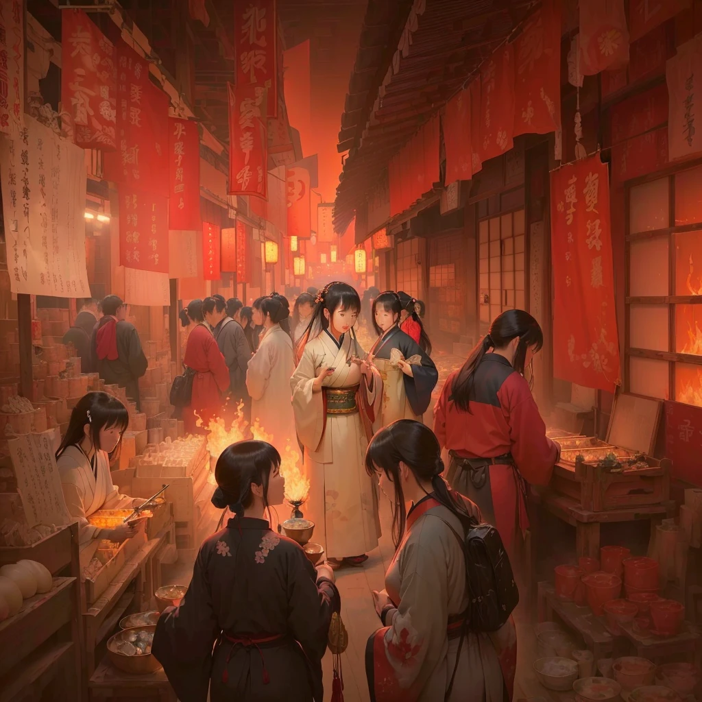 Person in a room with fire々Group painting, Old Japanese street market, by Shimo, Written by Nie Yuanlu, Dreamy city in China, by Kamisaka Sekka, Traditional Japanese concept art, Beautiful artwork illustration, by Zou Igui, Jan J, Rob Ray and Kentaro Miura Style, Blazing flames in Tokyo&#39;s izakaya scene, fire, crowd, throng, freezing, mother warming her baby.Scenery and Cityscape in the Early Meiji Era After the Meiji Restoration, Japan underwent rapid modernization and civilization. Consequently, many changes and reforms occurred. Below is a detailed explanation of the scenery, appearance of the poor, occupations, and cityscapes in the early Meiji period (1868 to the early 1880s). 2. Appearance of the Poor Life for the impoverished and lower classes remained harsh. In particular, in urban areas, people migrated from rural areas or unemployed artisans gathered, intensifying competition in the labor market. Many of them struggled with poverty, often residing in slums or around temples. 3. Occupations Meiji early Japan witnessed a diversification of occupations. Traditional agriculture and handicrafts were accompanied by the rise of modern industry and commerce. Particularly in urban areas, factory workers, shop clerks, and transporters increased, giving rise to new professions. However, many in these occupations endured harsh working conditions. 4. Influence of Civilization and Enlightenment During the Meiji era, Western cultural influences spread rapidly. Changes in clothing, dietary habits, and the proliferation of Western-style architecture advanced, especially in urban areas. Conversely, this development posed a threat to traditional culture and lifestyles, resulting in societal upheaval and adaptation challenges. 5. Social Change and Policy Influence While promoting modernization policies, the government also addressed poverty and social issues. Legislation for labor protection and charitable activities to aid the poor were implemented. Nevertheless, living conditions for the impoverished scarcely improved. The early Meiji period marked a rapid transformation in Japan, with complex social