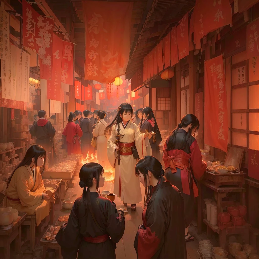 Person in a room with fire々Group painting, Old Japanese street market, by Shimo, Written by Nie Yuanlu, Dreamy city in China, by Kamisaka Sekka, Traditional Japanese concept art, Beautiful artwork illustration, by Zou Igui, Jan J, Rob Ray and Kentaro Miura Style, Blazing flames in Tokyo's izakaya scene, fire, crowd, throng, freezing, mother warming her baby.Scenery and Cityscape in the Early Meiji Era After the Meiji Restoration, Japan underwent rapid modernization and civilization. Consequently, many changes and reforms occurred. Below is a detailed explanation of the scenery, appearance of the poor, occupations, and cityscapes in the early Meiji period (1868 to the early 1880s). 2. Appearance of the Poor Life for the impoverished and lower classes remained harsh. In particular, in urban areas, people migrated from rural areas or unemployed artisans gathered, intensifying competition in the labor market. Many of them struggled with poverty, often residing in slums or around temples. 3. Occupations Meiji early Japan witnessed a diversification of occupations. Traditional agriculture and handicrafts were accompanied by the rise of modern industry and commerce. Particularly in urban areas, factory workers, shop clerks, and transporters increased, giving rise to new professions. However, many in these occupations endured harsh working conditions. 4. Influence of Civilization and Enlightenment During the Meiji era, Western cultural influences spread rapidly. Changes in clothing, dietary habits, and the proliferation of Western-style architecture advanced, especially in urban areas. Conversely, this development posed a threat to traditional culture and lifestyles, resulting in societal upheaval and adaptation challenges. 5. Social Change and Policy Influence While promoting modernization policies, the government also addressed poverty and social issues. Legislation for labor protection and charitable activities to aid the poor were implemented. Nevertheless, living conditions for the impoverished scarcely improved. The early Meiji period marked a rapid transformation in Japan, with complex social