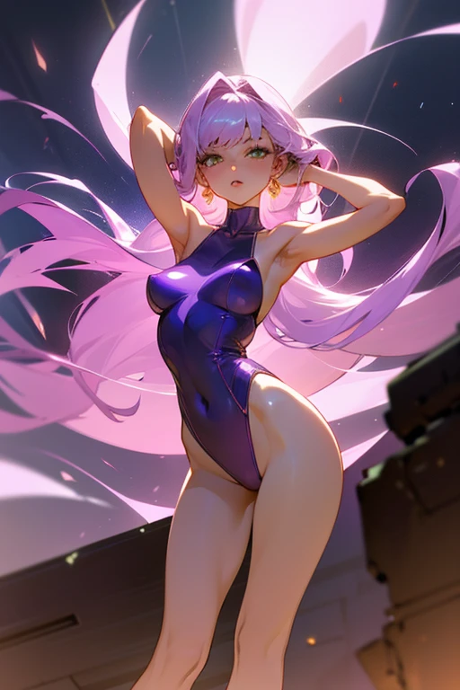 one short dressed sexy lady made of quartz, she is standing sexy with her hands touching his hair, the quartz girl wears something resembling a purple tight leotard, pastel colored luminous quartz in all places, a realistic nocturnal city devastated in the background,