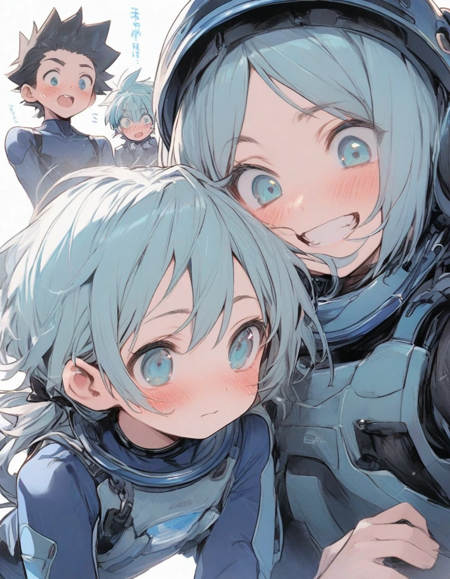 ,(flat chest:1.5),man,,,10 years old,、Short hair, (spiked hair:1.1), asymmetrical bangs, low twintails,Aqua Blue Hair, Two-tone hair, A delicate and delicate face, blush, tusk,, ,aqua eyes, Black_bow ribbon, 、Hanging eyes,From Adobe,,(blue diver's suit:1.3),blush,(femme boy:1.1),