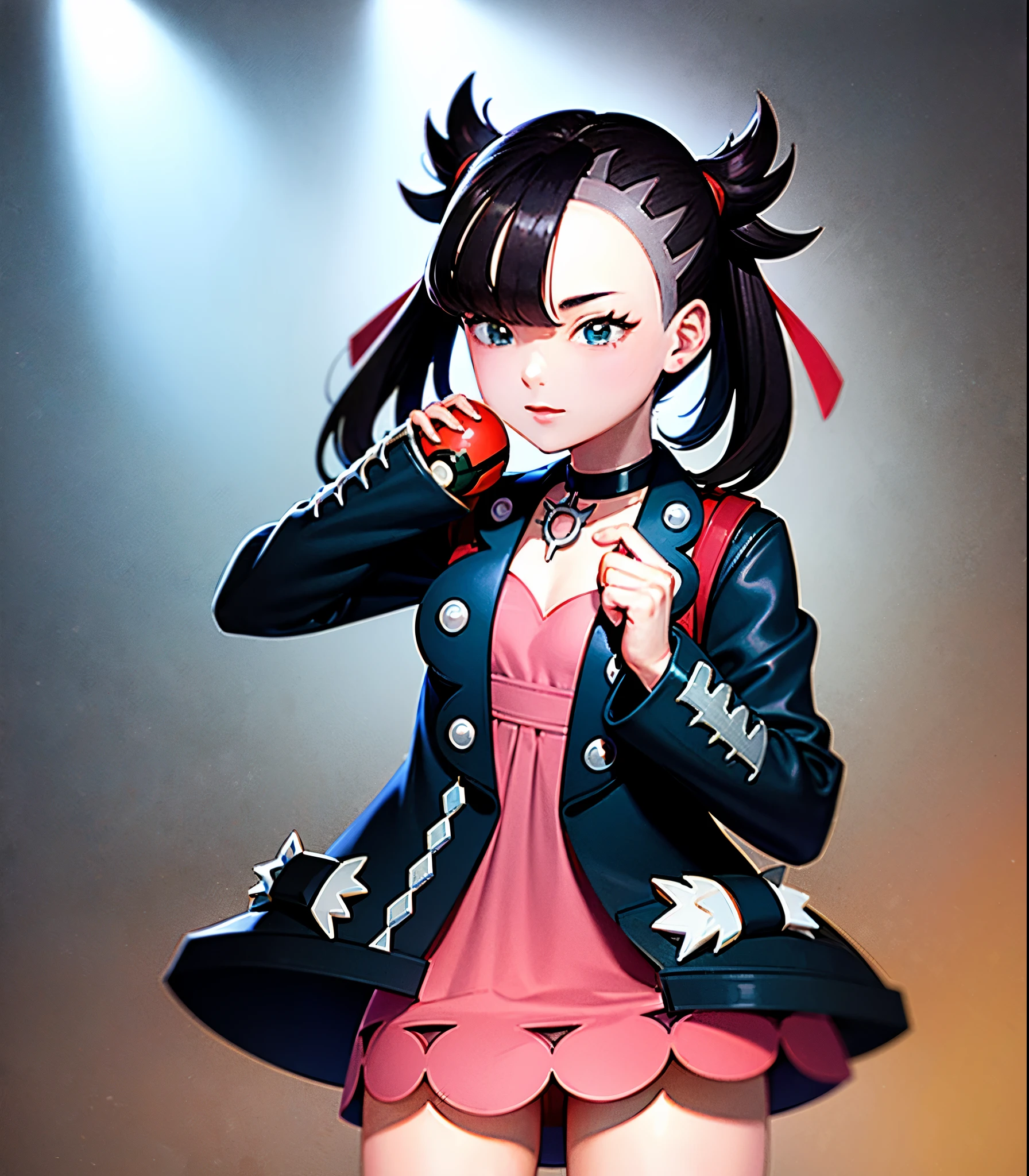 masterpiece, Highest quality, High resolution, Marnie, Aqua Eye, Black choker, Red ribbon, Pink Dress, jewelry, Black jacket, Open clothes, Long sleeve, Cowboy Shot, Are standing, forest, holding Pokéball, Pokéball \(Basic\), smile, Open your mouth,Background is wood々が生い茂るforestです.:1.2,Draw a person in the center of the screen,Depict the top of your head,{{{Perfect hand shape:1.2}}},marnie