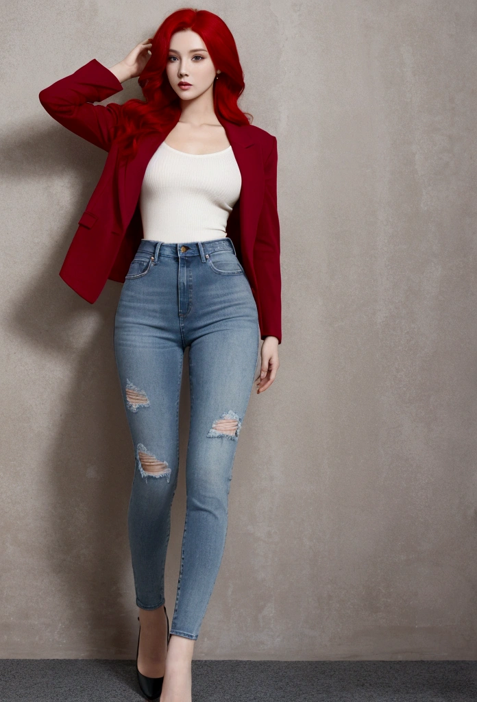 beautiful woman,red hair,full body,jeans