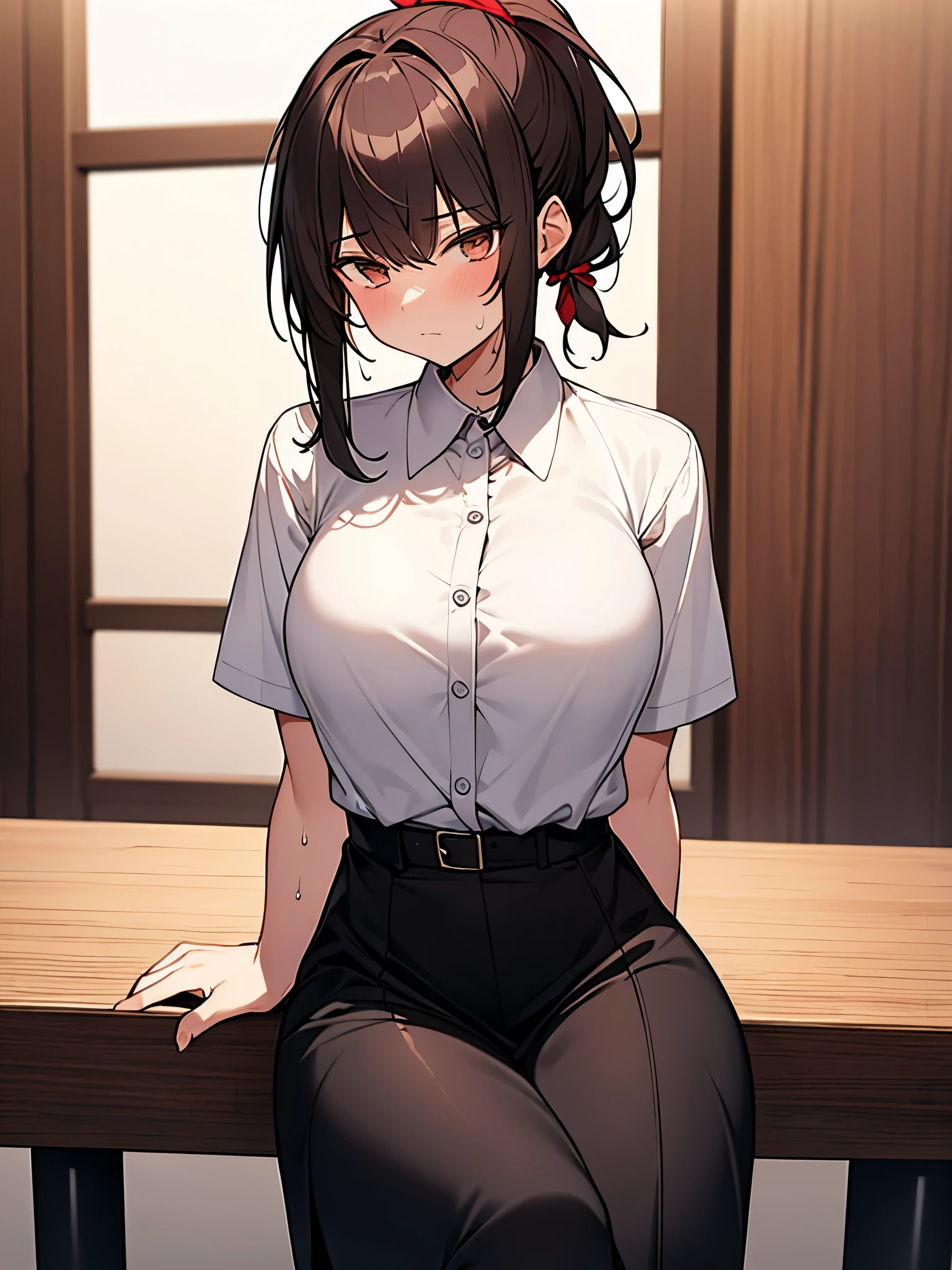 1. Tall woman, bar, sitting on wooden chair, gloomy expression, shadow on forehead, drunk, very red face, sweat, rolling eyes, drinking beer from a large mug, white collared shirt, short sleeves, black skirt, short black hair, ponytail:1.9. Red hair tie, straight hair, swept bangs to the side:1.9. Slanted eyes, brown eyes, tall, strong-willed, beautiful