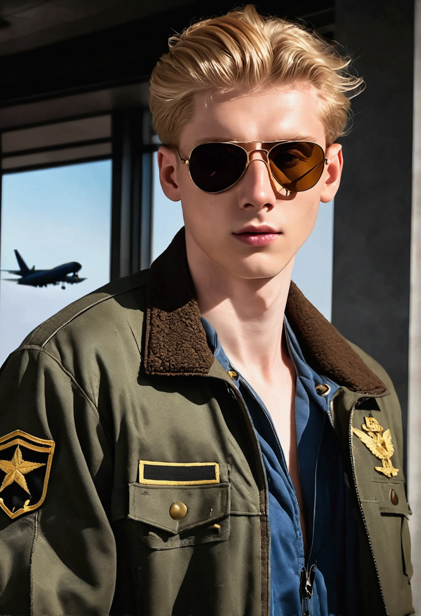 (8K, RAW photo, Highest quality), (full-body shot:1.3), (tall guy:1.4), blue eyes, 18 years old, white pale skin, (dark blond hair:1.7), ( messy hair:1.3), (militar airport:1.6), (plane :1.3) (militar pilot jacket:1.7), (aviator sunglasses:1.6), (pale skin:1.5), Realistic, (((fully naked:1.1))), nude, (((1 perfect penis:1.3))), 1 amazing penis, (((1 nice penis:1.2))), 1 beautiful penis, 1 great penis, 1 male penis, male scrotum, perfect scrotum, male structure, male genitalia, handsome man, frontage, Intricate details, Extremely detailed eyes and eyelashes, Muscular male, Manly, masculine, Soft lighting, Cinematic lighting, Portrait, Exposing the pectoral muscles, male model, muscular, ripped, defined body, Digital SLR, hyper qualit, Fujifilm XT3, Crystal clear, 8K UHD, High detail, Ultra photo realsisim, haar, ((Realistic skin), ((pores)), ((high detail skin)), volumettic light, groin, far, complex 3D visualization, high detail, 1 handsome young man (nsfw) looking at the viewer (Pureerosface_V 1:0.6), pure, genuine human skin , (bare chest), muscles, vivid details, hyperrealistic, beautiful background, octane rendering, best quality, masterpiece, extremely detailed, computer graphics, unity, wallpapers (realistic, photorealistic: 1.37), stunning, fine details, masterpiece, best quality, official art, extremely detailed CG unity 8k wallpapers, (((Full Body))), ((Correct body structure)), (((Correct dissection))), (((Depth of field:1.5))),