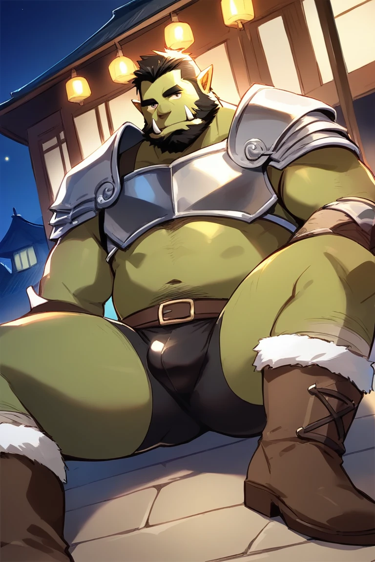 score_9, score_8_up, score_7_up, solo, male focus, chubby male, orc, green skin, tusks, beard, outdoors, micro armor , shoulder armor, breastplate, upper body, closed mouth , night, japanese festival , 祭り , (( black tight shorts )) , full body , boots , laying spread legs , tear , ashamed face