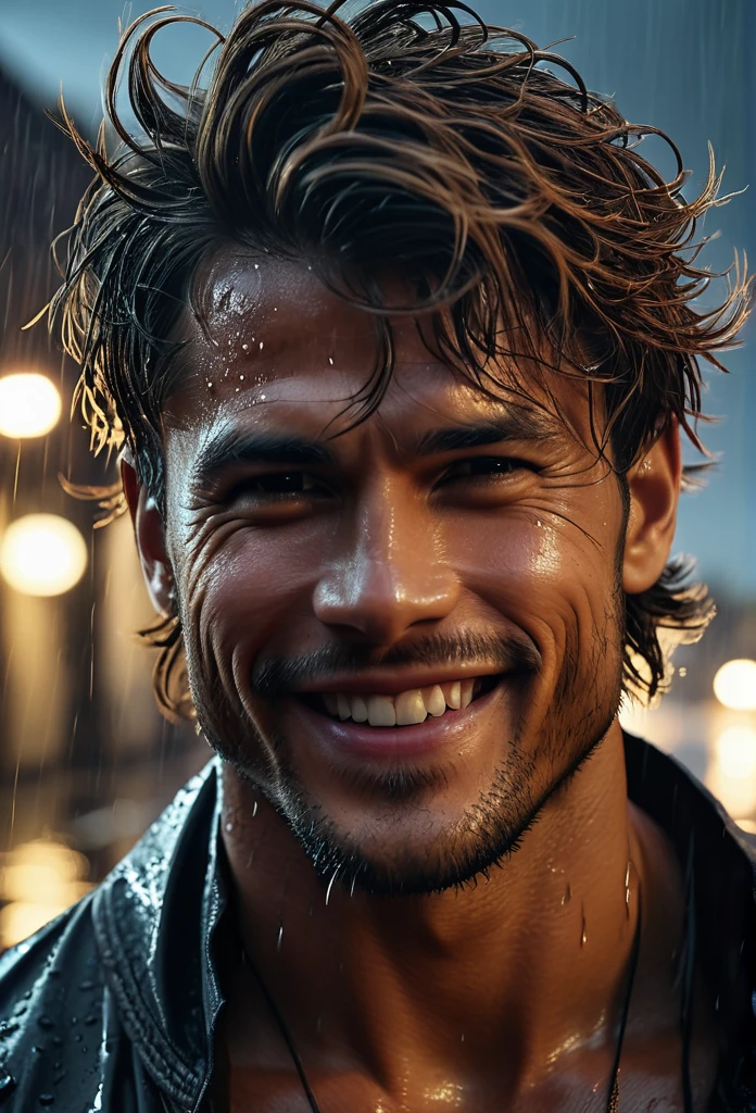 realist:1.3,( fotorrealist, 8k, RAW Photos, Premium quality, Masterpiece, epic lighting. close up, Centered image), (foreground),((1 beautiful man beautiful smile, self-confident well-formed muscles, Post Apocalyptic, Guerrero, Perfectly detailed face and body, (foreground), rainy scene, poor lighting due to rain,(( face and body wet from the rain:1.5)),lightning lighting, dynamic pose, beautiful and detailed hair, Leather Clothes)), ((Imaginative scene)),((perfect, meticulously detailed.:1.3)), ((full shot: 1.4)), ((best quality )), ((masterpiece)), 3D, (hyper detailed: 1.3), ((Epic Scenery: 1.3)), ((night background: 1.3 ))), (((night:1.2))), ( Photorealistic: 1.4), ((Front camera)),( (Low-light night cinematic lighting: 1.2)). 32