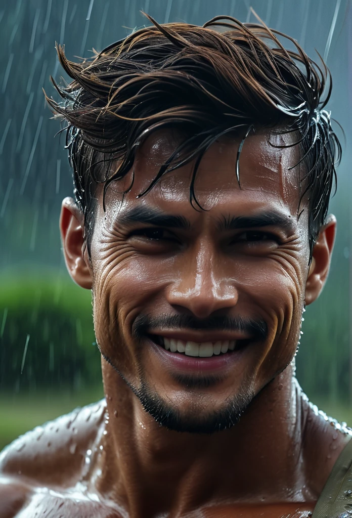 realist:1.3,( fotorrealist, 8k, RAW Photos, Premium quality, Masterpiece, epic lighting. close up, Centered image), (foreground),((1 beautiful man beautiful smile, self-confident well-formed muscles, Post Apocalyptic, Guerrero, Perfectly detailed face and body, (foreground), rainy scene, poor lighting due to rain,(( face and body wet from the rain:1.5)),lightning lighting, dynamic pose, beautiful and detailed hair, Leather Clothes)), ((Imaginative scene)),((perfect, meticulously detailed.:1.3)), ((full shot: 1.4)), ((best quality )), ((masterpiece)), 3D, (hyper detailed: 1.3), ((Epic Scenery: 1.3)), ((night background: 1.3 ))), (((night:1.2))), ( Photorealistic: 1.4), ((Front camera)),( (Low-light night cinematic lighting: 1.2)). 32