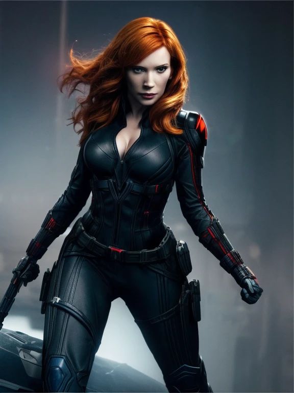 Create a dynamic 4K resolution full body portrait of Christina Hendricks as the character of Black Widow, the fierce Marvel superheroine. Visualize Christina Hendricks as Black Widow with her striking features: her short orange wavy hair. Her bright blue eyes, sharp and focused, should reflect her unwavering determination and strategic mind. She is 48 years old. Include Christina's sculpted cheekbones and slight wrinkles around the face. High-quality facial research of Christina Hendricks. Include Christina Hendricks large breasts. High-quality detailed research of Christina Hendricks voluptuous figure. Dress Christina Hendricks in the iconic Black Widow black tactical suit, with a huge bust the suit, featuring intricate details such as reinforced armor, gun holsters, utility belts, boots and the red hourglass symbol on her belt. The suit is so tight that Christina Hendricks breasts barely fit in it. The suit should appear sleek and functional, emphasizing her agility and combat prowess. Set the scene against the backdrop of a high-tech, futuristic environment, perhaps a S.H.I.E.L.D. headquarters or a cityscape at dusk, with neon lights casting dramatic shadows. Include elements such as holographic displays or glimpses of advanced technology to enhance the modern, action-packed atmosphere. The color palette should be dark and intense, with shades of black and deep reds, contrasted by the cool blues and silvers of the high-tech background, highlighting Black Widow's stealthy and formidable presence. Black Widow's expression should convey a blend of determination, focus, and a hint of vulnerability, capturing her complex character. Her gaze should be piercing and resolute, embodying her role as a master spy and a skilled combatant. This portrait aims to portray Christina Hendricks playing the role as the fictional character of Natasha Romanoff/Black Widow, capturing her iconic features and the high-stakes, action-packed world she inhabits in the Marvel universe
