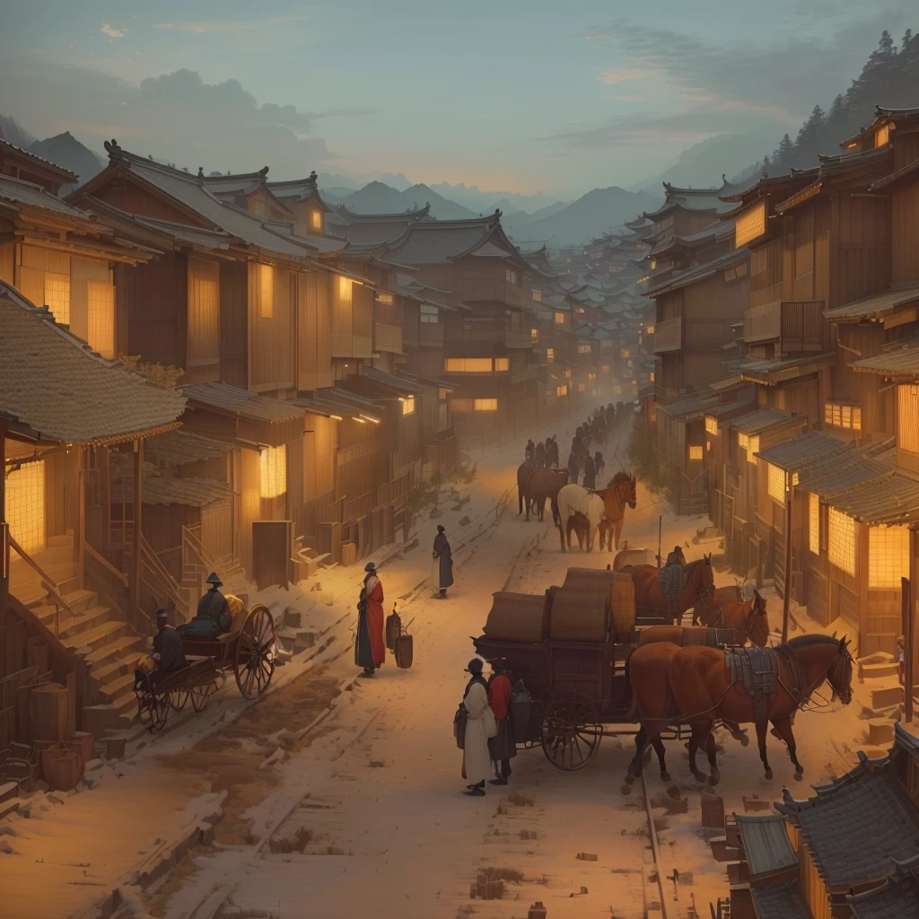 Painting of a cityscape with a horse-drawn carriage and buildings, Dreamy city in China, Carl Spitzwegにインスピレーションを得た, Painterly concept art, Old Asian Village, Written by Nie Yuanlu, Chinese Village, Carl Spitzweg. Unreal Engine, Beautiful renderings of the Tang Dynasty, by Shimo, Digital Painting Concept Art, Blazing flames by Zou Zhe, fire, crowd, throng, freezing, mother warming her baby.Scenery and Cityscape in the Early Meiji Era After the Meiji Restoration, Japan underwent rapid modernization and civilization. Consequently, many changes and reforms occurred. Below is a detailed explanation of the scenery, appearance of the poor, occupations, and cityscapes in the early Meiji period (1868 to the early 1880s). 2. Appearance of the Poor Life for the impoverished and lower classes remained harsh. In particular, in urban areas, people migrated from rural areas or unemployed artisans gathered, intensifying competition in the labor market. Many of them struggled with poverty, often residing in slums or around temples. 3. Occupations Meiji early Japan witnessed a diversification of occupations. Traditional agriculture and handicrafts were accompanied by the rise of modern industry and commerce. Particularly in urban areas, factory workers, shop clerks, and transporters increased, giving rise to new professions. However, many in these occupations endured harsh working conditions. 4. Influence of Civilization and Enlightenment During the Meiji era, Western cultural influences spread rapidly. Changes in clothing, dietary habits, and the proliferation of Western-style architecture advanced, especially in urban areas. Conversely, this development posed a threat to traditional culture and lifestyles, resulting in societal upheaval and adaptation challenges. 5. Social Change and Policy Influence While promoting modernization policies, the government also addressed poverty and social issues. Legislation for labor protection and charitable activities to aid the poor were implemented. Nevertheless, living conditions for the impoverished scarcely improved. The early Meiji period marked a rapid transformation in Japan, with complex