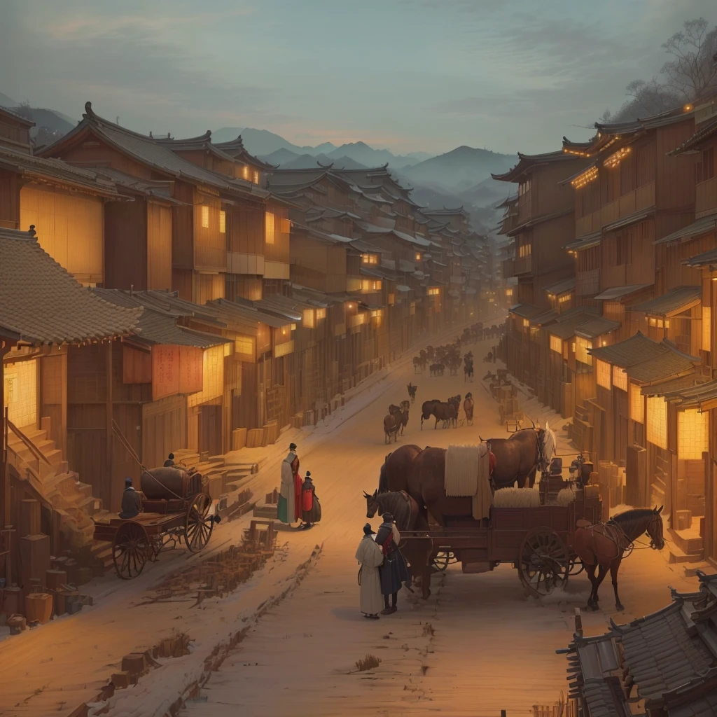Painting of a cityscape with a horse-drawn carriage and buildings, Dreamy city in China, Carl Spitzwegにインスピレーションを得た, Painterly concept art, Old Asian Village, Written by Nie Yuanlu, Chinese Village, Carl Spitzweg. Unreal Engine, Beautiful renderings of the Tang Dynasty, by Shimo, Digital Painting Concept Art, Blazing flames by Zou Zhe, fire, crowd, throng, freezing, mother warming her baby.Scenery and Cityscape in the Early Meiji Era After the Meiji Restoration, Japan underwent rapid modernization and civilization. Consequently, many changes and reforms occurred. Below is a detailed explanation of the scenery, appearance of the poor, occupations, and cityscapes in the early Meiji period (1868 to the early 1880s). 2. Appearance of the Poor Life for the impoverished and lower classes remained harsh. In particular, in urban areas, people migrated from rural areas or unemployed artisans gathered, intensifying competition in the labor market. Many of them struggled with poverty, often residing in slums or around temples. 3. Occupations Meiji early Japan witnessed a diversification of occupations. Traditional agriculture and handicrafts were accompanied by the rise of modern industry and commerce. Particularly in urban areas, factory workers, shop clerks, and transporters increased, giving rise to new professions. However, many in these occupations endured harsh working conditions. 4. Influence of Civilization and Enlightenment During the Meiji era, Western cultural influences spread rapidly. Changes in clothing, dietary habits, and the proliferation of Western-style architecture advanced, especially in urban areas. Conversely, this development posed a threat to traditional culture and lifestyles, resulting in societal upheaval and adaptation challenges. 5. Social Change and Policy Influence While promoting modernization policies, the government also addressed poverty and social issues. Legislation for labor protection and charitable activities to aid the poor were implemented. Nevertheless, living conditions for the impoverished scarcely improved. The early Meiji period marked a rapid transformation in Japan, with complex