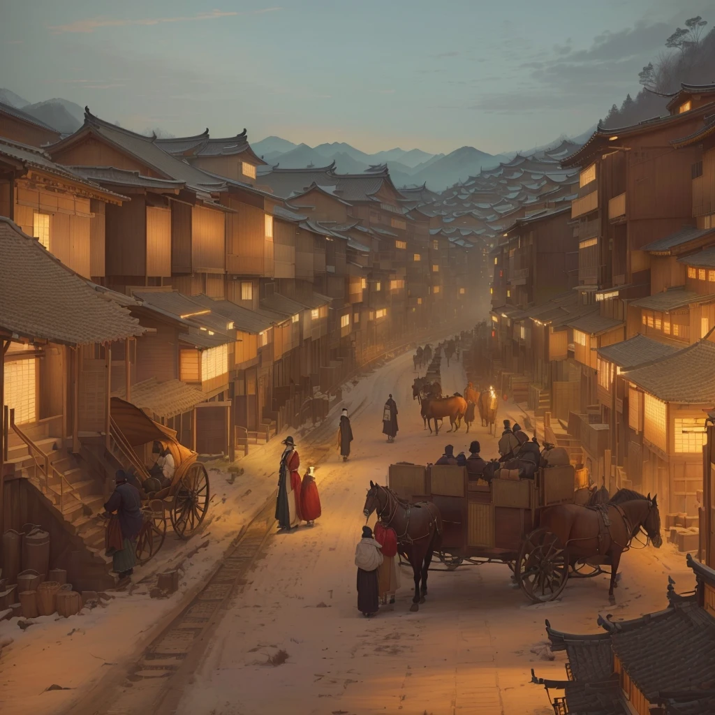 Painting of a cityscape with a horse-drawn carriage and buildings, Dreamy city in China, Carl Spitzwegにインスピレーションを得た, Painterly concept art, Old Asian Village, Written by Nie Yuanlu, Chinese Village, Carl Spitzweg. Unreal Engine, Beautiful renderings of the Tang Dynasty, by Shimo, Digital Painting Concept Art, Blazing flames by Zou Zhe, fire, crowd, throng, freezing, mother warming her baby.Scenery and Cityscape in the Early Meiji Era After the Meiji Restoration, Japan underwent rapid modernization and civilization. Consequently, many changes and reforms occurred. Below is a detailed explanation of the scenery, appearance of the poor, occupations, and cityscapes in the early Meiji period (1868 to the early 1880s). 2. Appearance of the Poor Life for the impoverished and lower classes remained harsh. In particular, in urban areas, people migrated from rural areas or unemployed artisans gathered, intensifying competition in the labor market. Many of them struggled with poverty, often residing in slums or around temples. 3. Occupations Meiji early Japan witnessed a diversification of occupations. Traditional agriculture and handicrafts were accompanied by the rise of modern industry and commerce. Particularly in urban areas, factory workers, shop clerks, and transporters increased, giving rise to new professions. However, many in these occupations endured harsh working conditions. 4. Influence of Civilization and Enlightenment During the Meiji era, Western cultural influences spread rapidly. Changes in clothing, dietary habits, and the proliferation of Western-style architecture advanced, especially in urban areas. Conversely, this development posed a threat to traditional culture and lifestyles, resulting in societal upheaval and adaptation challenges. 5. Social Change and Policy Influence While promoting modernization policies, the government also addressed poverty and social issues. Legislation for labor protection and charitable activities to aid the poor were implemented. Nevertheless, living conditions for the impoverished scarcely improved. The early Meiji period marked a rapid transformation in Japan, with complex