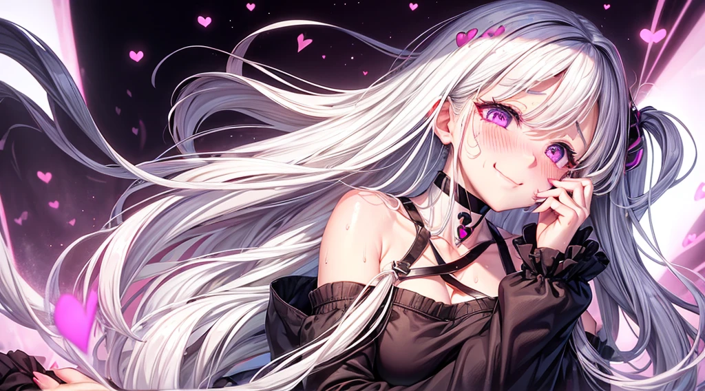 |1girl,heart-shaped pupils,fingernails,hands on own face,white hair,purple eyes,(blush:1.1),choker,upper body,trembling,sweat,sweatdrop,heart,(speed lines:1.1),medium breasts, ((heavy breathing:1.3)), love, heart, crop top, happy, smile