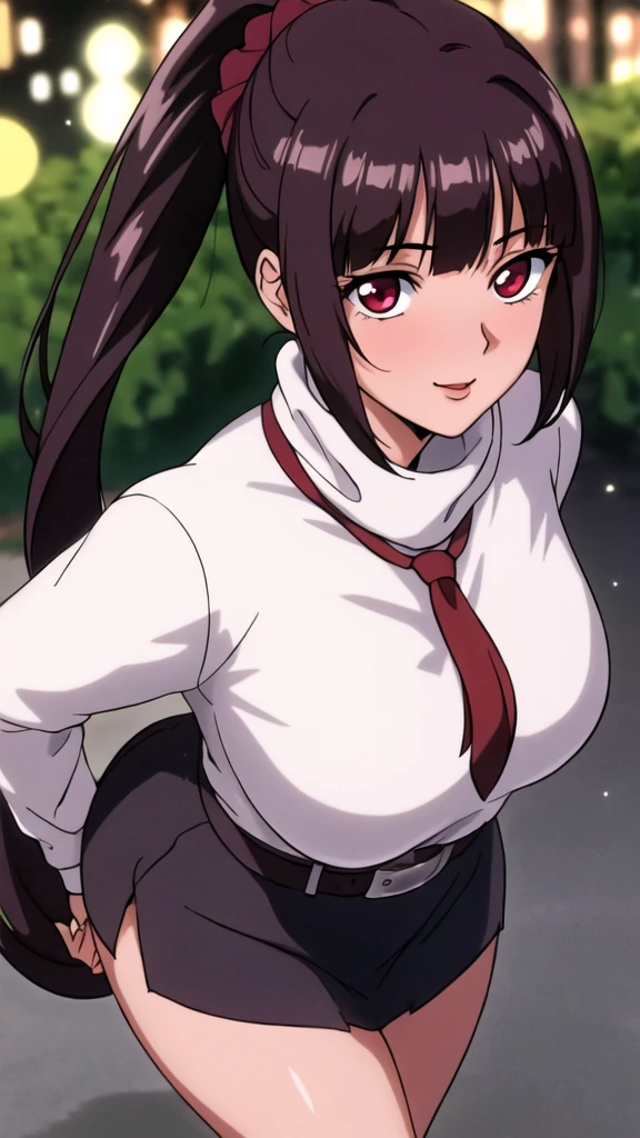 white turtleneck, black pencil shirt,black short skirt, belt,hair ornament, hair scrunchie,low ponytail, long hair, bangs, brunette, black hair, blunt bangs, red eyes, alone, 1 girl,Young female, 18 years old, very cute, smile, Beautiful Finger,Beautiful long legs,Beautiful body,Beautiful Nose,Beautiful character design, perfect eyes, perfect face,expressive eyes, looking at viewer, in the center of the image,(light smile:0.5), official art, outdoor, portrait, perfect lighting,Colorful, Bright_Front_face_Lighting,shiny skin, (masterpiece:1.0),(best quality:1.0), ultra high res,4K,ultra-detailed, photography, 8K, HDR, highres, absurdres:1.2, Kodak portra 400, film grain, blurry background, bokeh:1.2, lens flare, (vibrant_color:1.2), (beautiful face), (curvy body), ashamed, blushing, glossy lip rouge, glossy crimson rouge, jealousy, SFW, seductive, charming,(attractive,enchanting,fascinating,captivating,bewitching,enthralling,entrancing,attractive,gripping,engrossing)