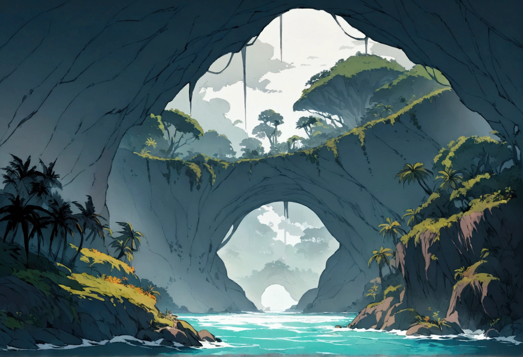 A tropical island, a gigantic human skull shaped cave opens up to the ocean, strange trees and animals grow on the island, fog hangs thin over the isle