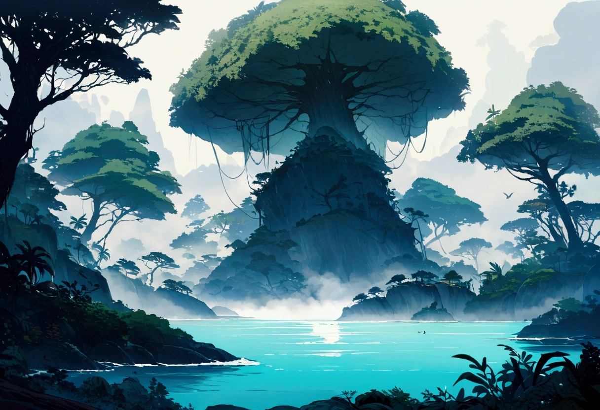 A tropical island, a gigantic human skull shaped cave opens up to the ocean, strange trees and animals grow on the island, fog hangs thin over the isle