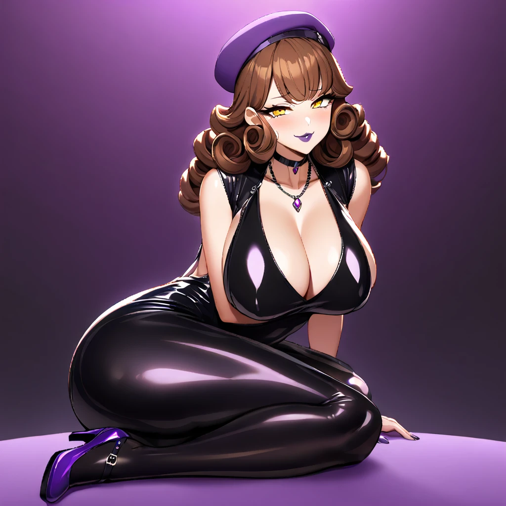 1woman, long curly brown hair, purple beret, perfect eyes, make-up, yellow eyes, purple lipstick, flirty face, black necklace, purple and black low-cut latex dress, long black stockings, purple heels, purple bag, big breasts, big ass, burdel background
