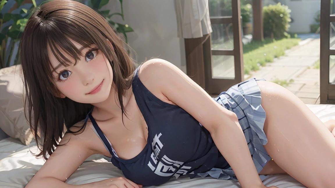 ((((highest quality)))), (((Ultra-precision CG 16K))), (((masterpiece))), (((Very detailed))), (((Extremely detailed))), (((Black outline:1.3, Written boundary depth:1.3 , Written soft outline))), Maximum clarity and sharpness,Multilayer Texture, Surface Shading, Cinematic lighting, Beautiful details sparkle ,Perfect Proportions, Limited to three woman, BREAK accurate, Anatomically correct, Highly detailed face and skin texture, drawn in detail, Highly detailed facial and skin texture, Detailed eyes, beautiful hair, Beautiful Japanese Idol face, Beautiful and beautiful eyes, Beautiful body, Beautiful breasts, Beautiful thighs, Beautiful legs, Beautiful fingers, (Beautiful views) , skinny body, ((Beautiful Skin)), ((Skin Texture)) , solo, limited one girl BREAK breast enlarged, medium Breasts, rocket breasts, (((perky breasts))), ((covered nipples)), slender waist, (smiling , narrow eyes, brown eyes, blush, determined expression, hot, sweaty , Heavy breathing,) BREAK ((streaked hair, hair intakes, colored inner hair, several hairstyles )) BREAK (((wearing oversized character printed tank top, wearing Jersey in a casual way, wearing pleats mini-skirt , breasts is covered by outfit))) , wearing earrings, BREAK ((( a woman in the bedroom, lying down on her back on the bed, put her hand on her forehead, looking at viewer, cowboy shot, from front , from below ))),