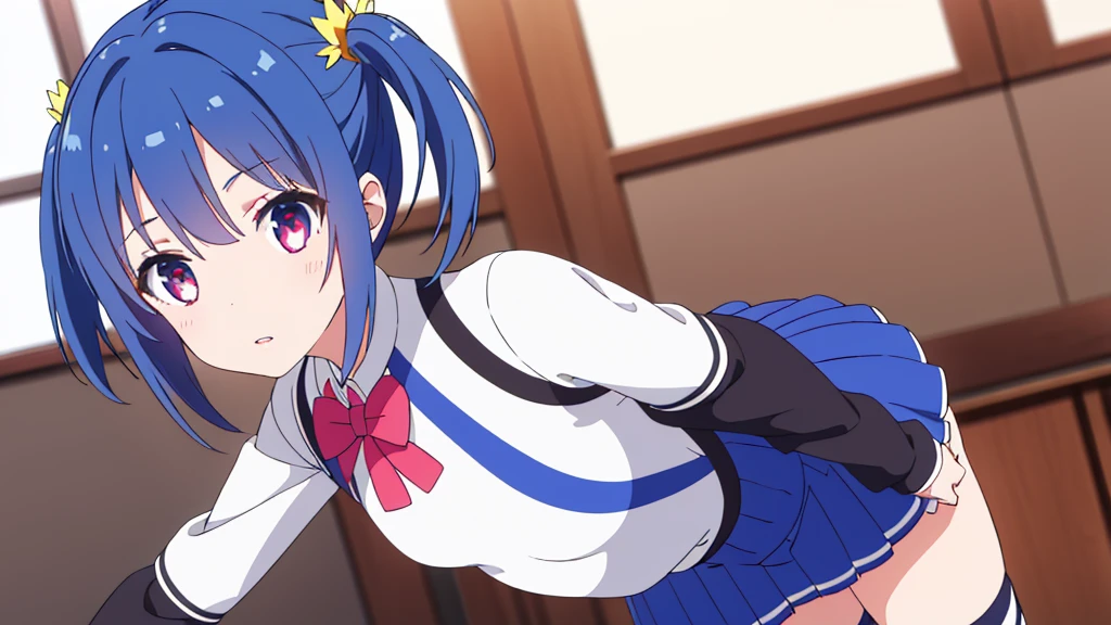 Girl dressed in black and white gothic ta with stockings, blue hair, Red eyes, short skirt with small breasts, pink display in the room, high quality 2k masterpiece.