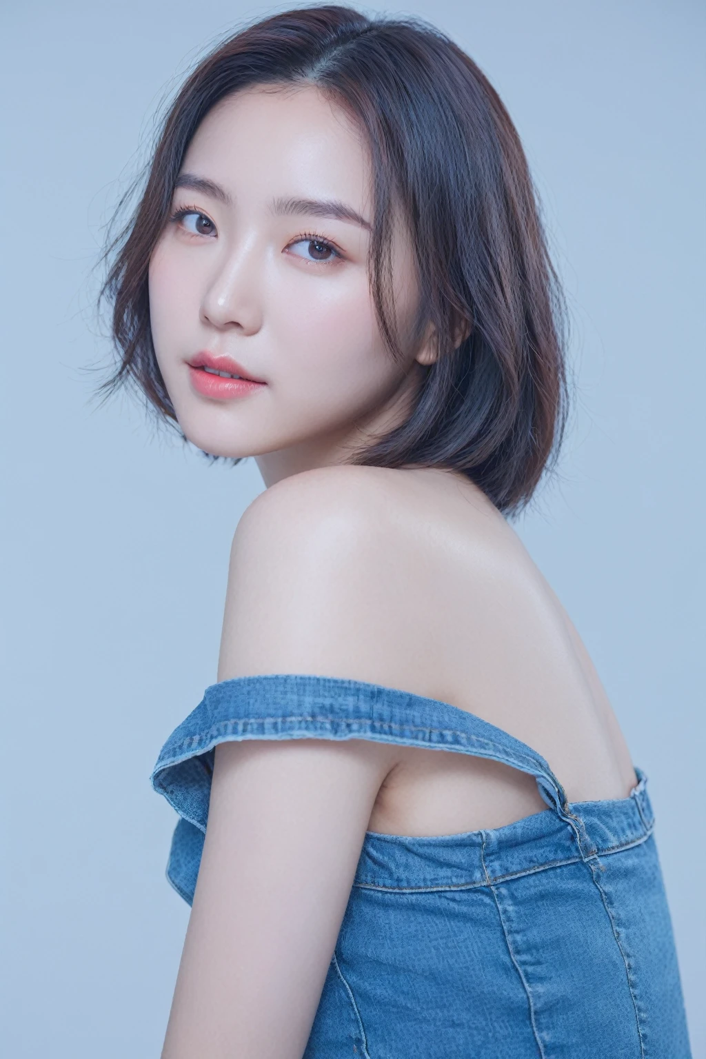 Best Quality, 8k, Masterpiece, (Portrait: 1.3), (photo realistic:1.4), (hyper realistic:1.4), Sharp Focus, looking at viewer, (smoother lighting:1.1), (increase cinematic lighting quality:0.9), realistic lighting, backlighting, light on face, ray trace, (brightening light:1.2), (Increase quality:1.4), sharp detail, (best quality real texture skin:1.4), finely detailed eyes, black_eyes, finely detailed face, 25 year old Korean woman, (white t_shirt:1.4), (Create an image maintaining the original base model hairstyle:1.5)