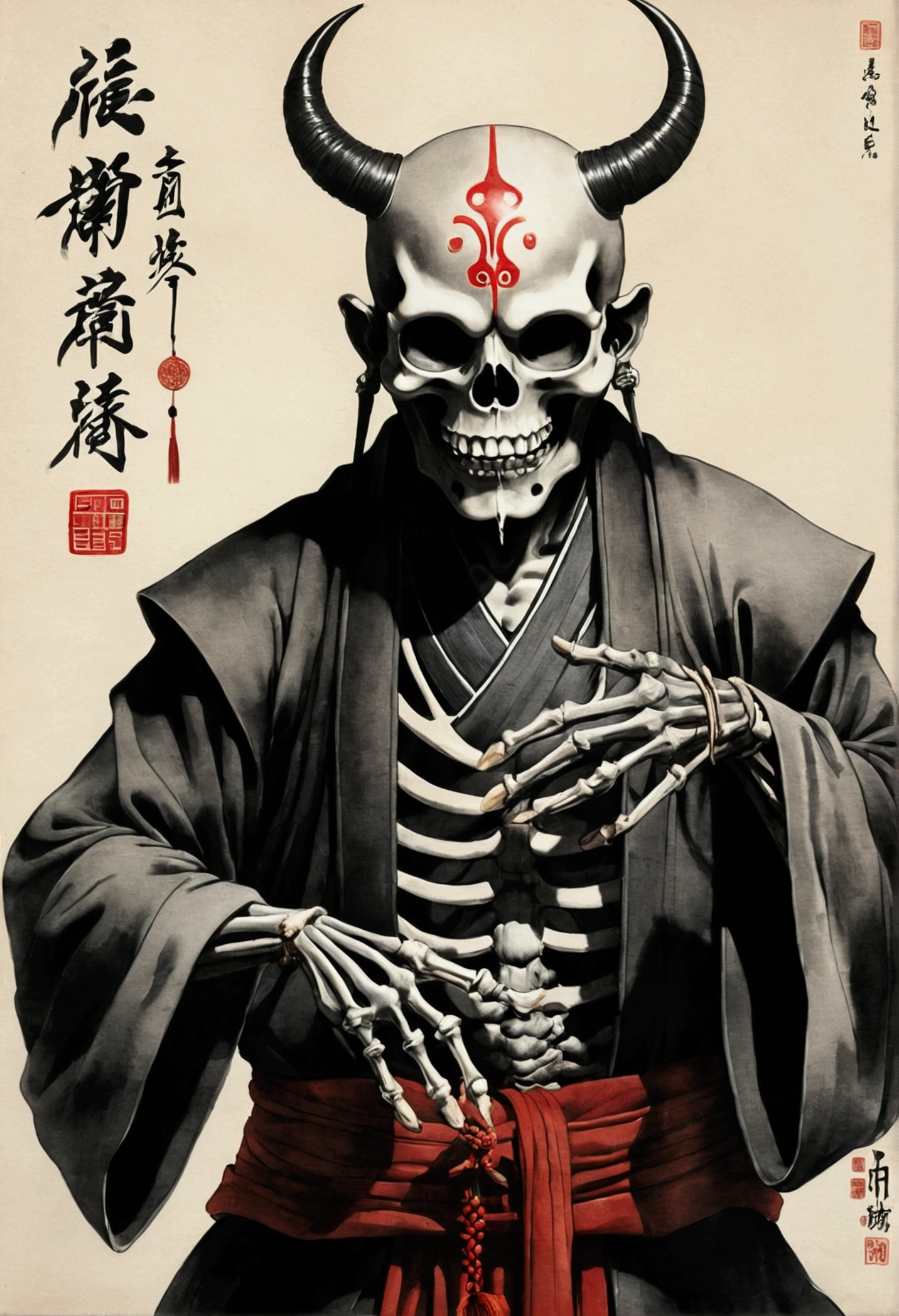 (masterpiece, best quality: 1.2), traditional Chinese ink painting , skeleton wearing oni mask , wearing monk clothes