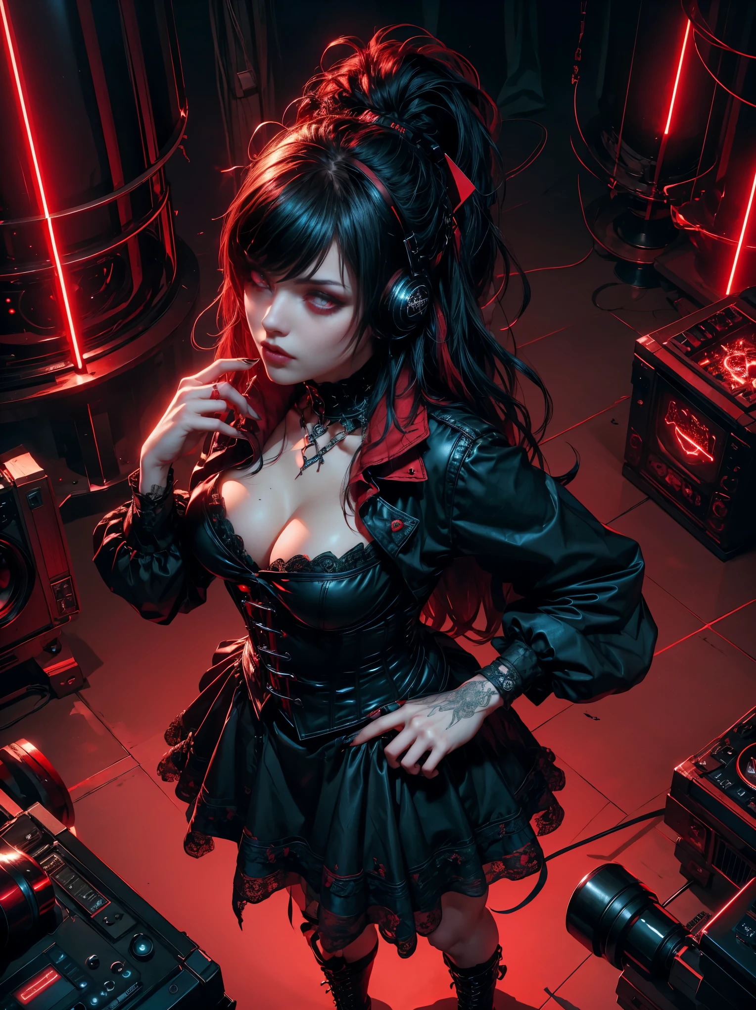 from above, high view shot, in the heart of a future gothic world, a young beautiful woman with a gothic punk style haircut, middle red middle black hair, sexy gothic fashion clothes, headphones. in a luxury gothic mansion, at a dark music party, laser, speakers, sensual pose, create an atmosphere of gothic electronic music, energy and neon lights. good quality eyes, red eyes, ultra detailed, beautiful and aesthetically pleasing, masterpiece, 4k, ray tracing, medium body, close-up, high view, particles and hard red neon lights, focus on red and black color