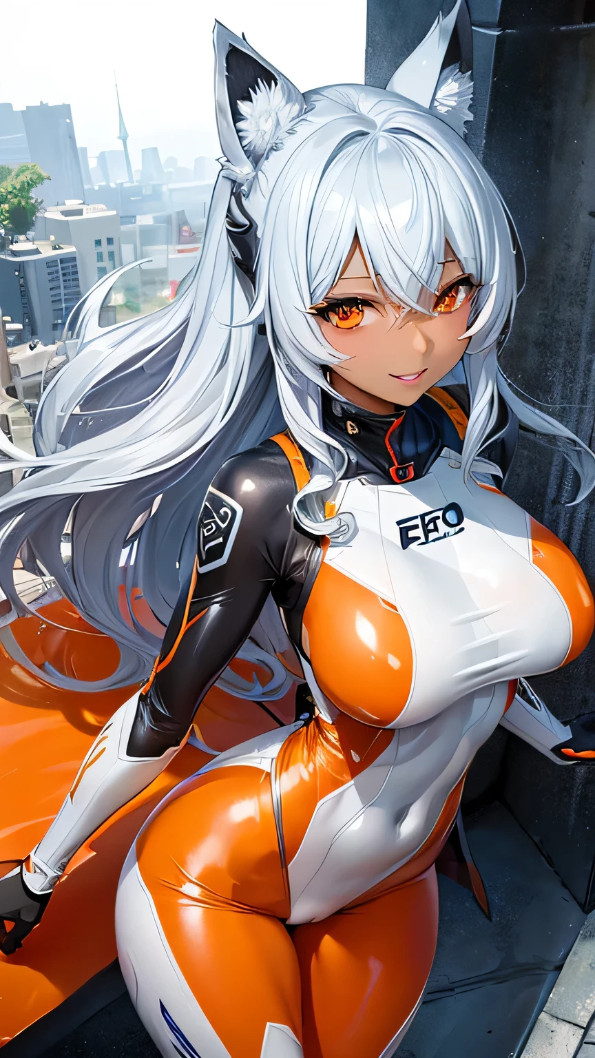 highest quality、Realistic、female、zoom、Orange Eyes、Silver long wavy hair、Hero Suit、Glossy bodysuit、slender、Dark Skin、Large Breasts。Big Ass、Rooftop、A seductive smile、Bust Shot、