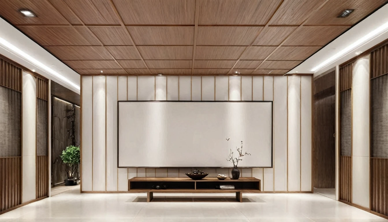 8K, real, (realistic:1.2), exhibition, exhibition hall, background wall, company entrance, (front view:1.1), 24mm wide-angle lens, wood grain, metal, leather style, (simple style:1.2), (light tone:1.1),modern chinese style,white ceiling,recessed lighting,Multiple wall decoration paintings
