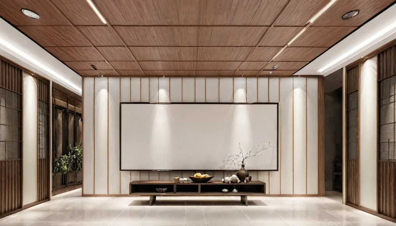 8K, real, (realistic:1.2), exhibition, exhibition hall, background wall, company entrance, （front view:1.1), 24mm wide-angle lens, wood grain, metal, leather style, (simple style:1.2), (light tone:1.1),modern chinese style,white ceiling，recessed lighting，Multiple wall decoration paintings
