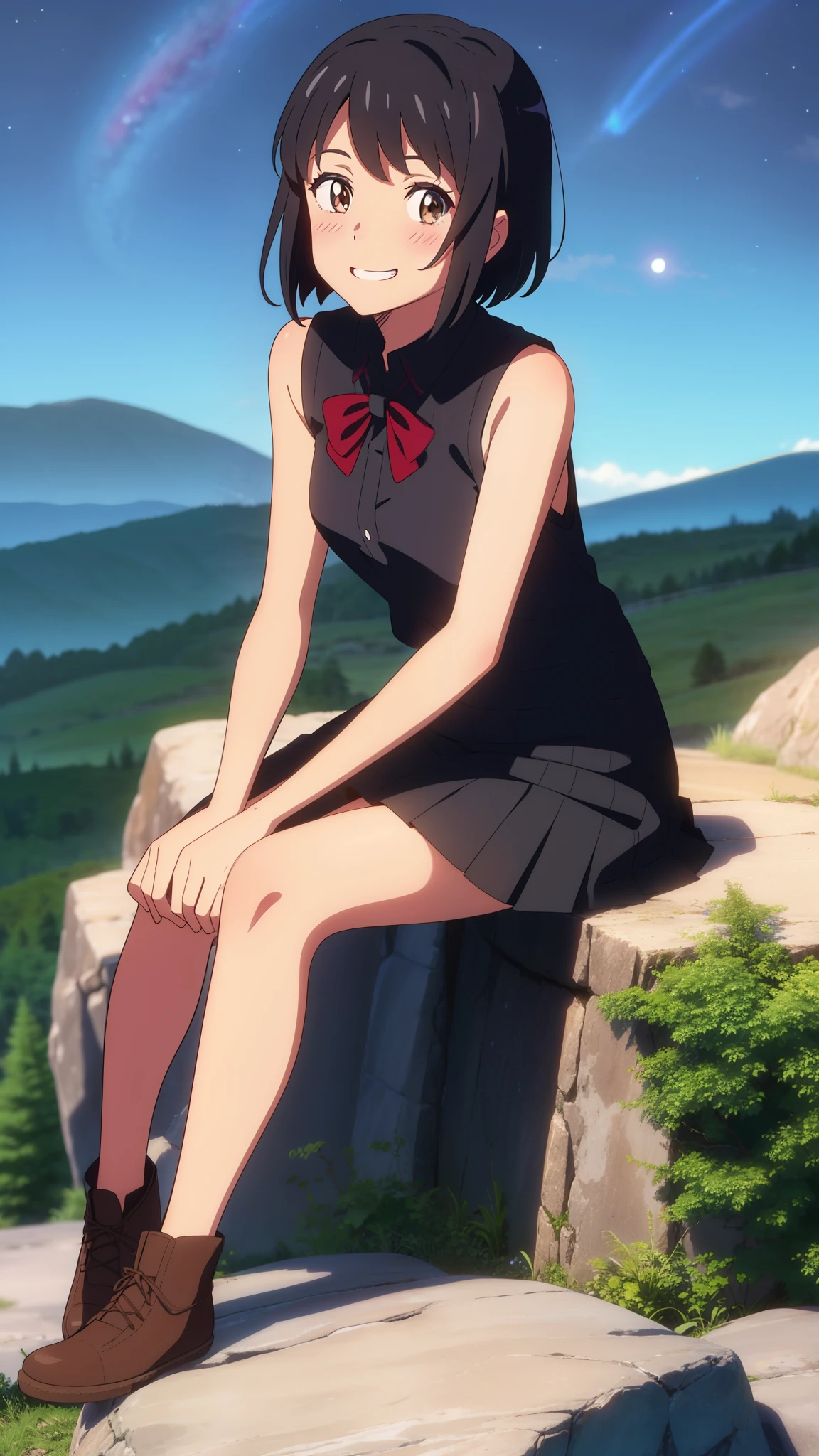 shinkai makoto, kimi no na wa., 1girl, bangs, black hair, blush, expressive eyes, brown eyes, perfect face, looking at the viewer, sleeveless dress, skirt, short hair, solo, outdoors, shinny skin, smile, cute, grin, night sky, mountains, rocks, sitting, (masterpiece), best quality