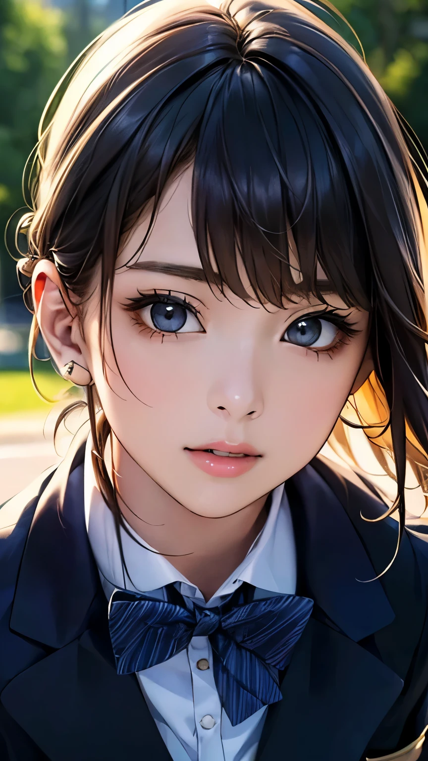 (hig彼st quality、8k、32k、masterpiece)、(Realistic)、(Realistic:1.2)、(High resolution)、Very detailed、Very beautiful face and eyes、1 girl、Delicate body、(hig彼st quality、Attention to detail、Rich skin detail)、(hig彼st quality、8k、Oil paints:1.2)、Very detailed、(Realistic、Realistic:1.37)、Bright colors、Full Body Shot, ((high school girl:1.6, Navy Blazer:1.6, Navy pleated mini skirt)), (Closed blazer, Grey bow tie, White collared shirt, Black thigh-high socks)