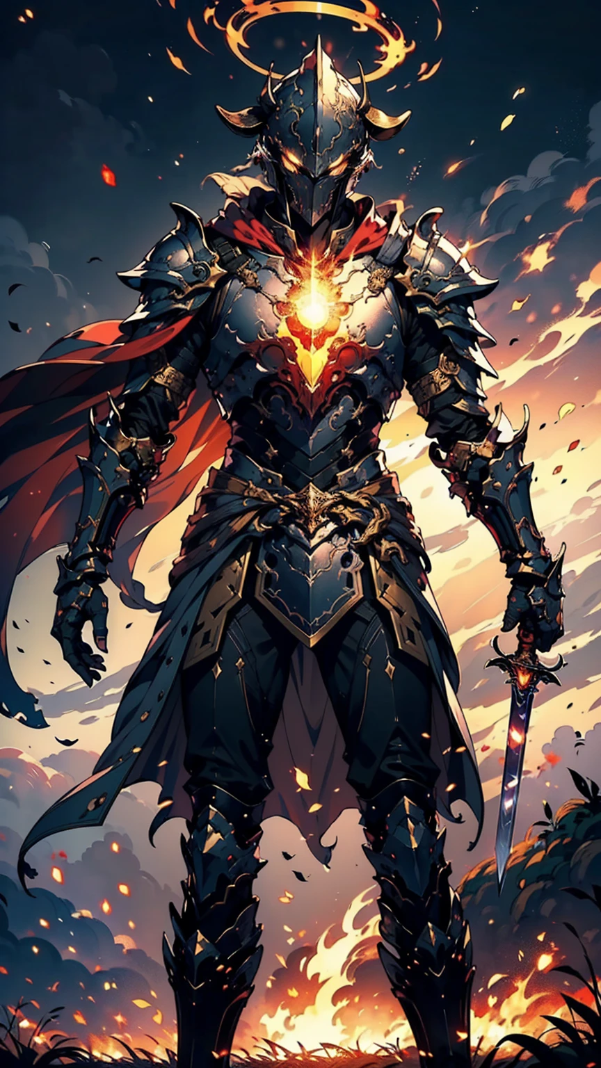 8K quality,(super masterpiece:1.3),Highest quality,Detailed Images,1 male,knight,pocket(Full Face,Two cow horns),armor(Silver Full Armor,Golden decoration),(Wear a red cloak,Red Cape),sword(燃えるsword,Hold the handle with your right hand),(background:Burning image,sunset,幻想的なsunset,The End,The end of the world,grassland,Takayama,Halo effects),(Whole body image,Standing with your legs apart),(Face directly towards the camera,Looking directly at the viewer,looking at the camera,The body faces the viewer,The body is facing the direction of the camera,Face looking straight into the camera).