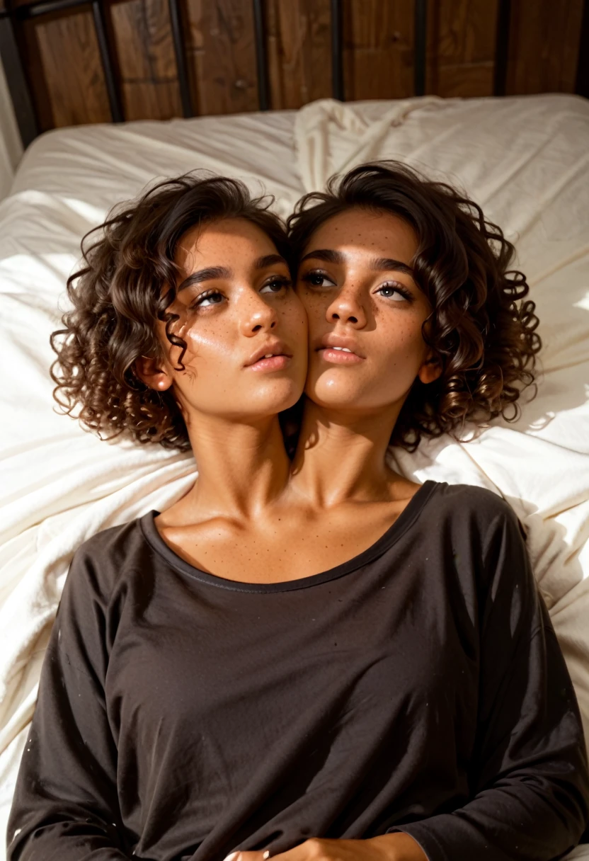 Beautiful Lighting, (1girl: curly hair, short hair), black pajamas, tan skin, alone, freckles, twoheads, in bed, laying on back, ((heads looking away from each other)),