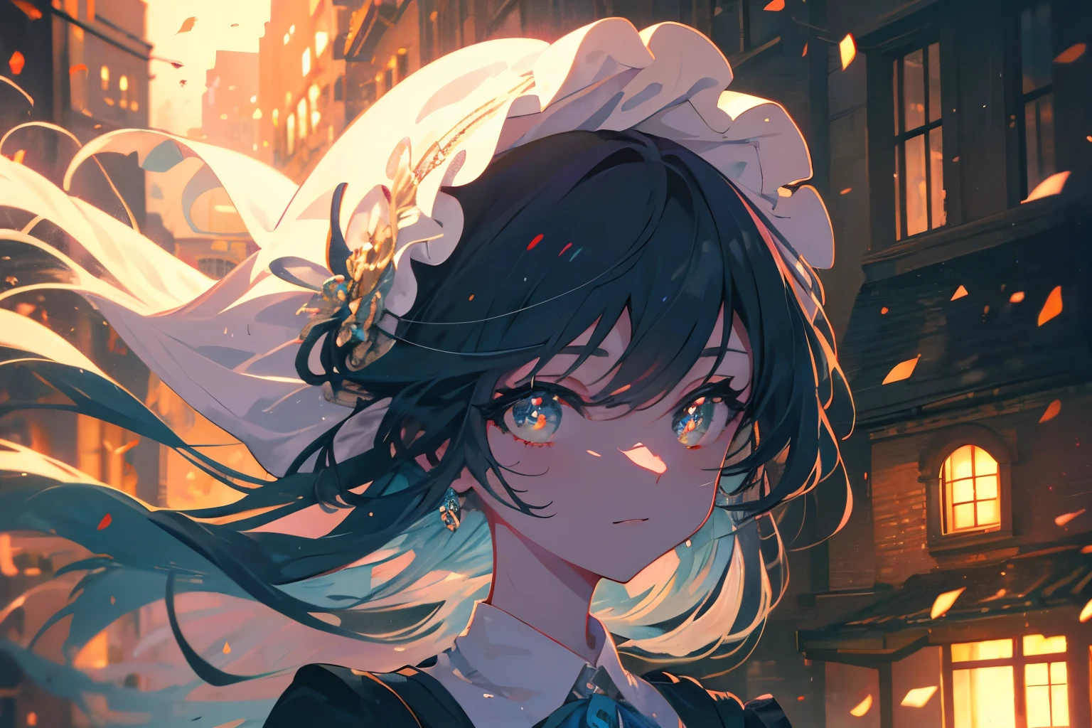 Create exquisite illustrations reminiscent of Makoto Shinkai's style, It has ultra-fine details and top-notch quality. Create a high-quality illustration depicting a beautiful girl on a sloping street at dusk, surrounded by an old townscape with warm lights. The scene should evoke a sense of nostalgia and tranquility, with intricate details and a dreamy atmosphere. The girl's features should be beautifully rendered, capturing her serene and content expression. The sloping street should include elements like cobblestone paths and brick buildings, with warm street lamps casting a gentle glow over the scene. The soft light of dusk should enhance the nostalgic and magical feel. Every element should be meticulously crafted to immerse the viewer in a nostalgic and enchanting moment. best quality, masterpiece, expressive eyes, gorgeous, vivid, perfect face, smile, happyness, 2eyes, emotion, detailed pupils, vivid pupils,stunning, life, relfection, peace, warm, compsition, artistic, 4k, wallpaper, bonnet, wind, glowing eyes