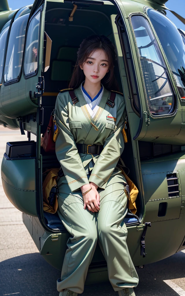 Ultra-high resolution,High-resolution details,A beautiful Korean woman,Soldiers rest in front of a large helicopter