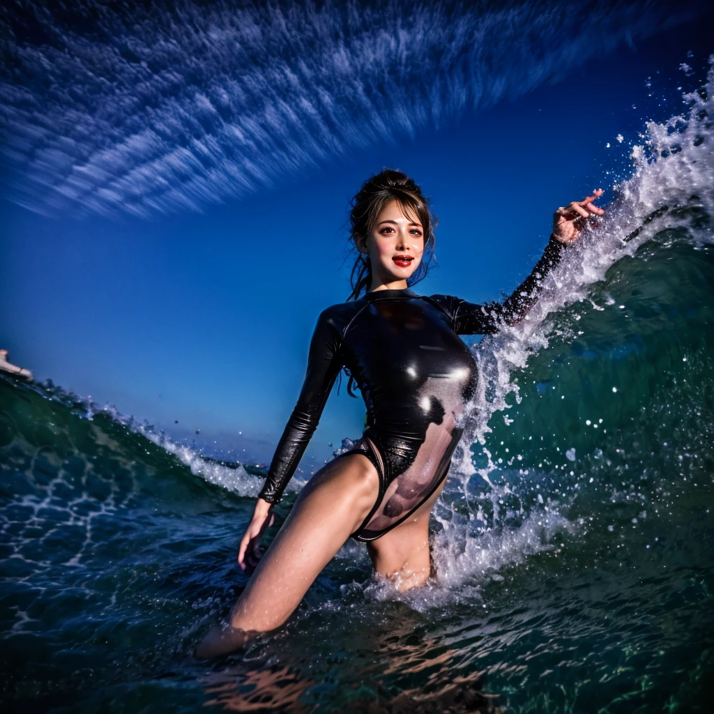 (ZoomedOut:1.28, Wide-shot) ZoomLayer (Epic photo of surfer magazine:1.37). (Full of Water, Everything Wetted:1.4) WetHair (extremely detailed Cute Girl in RED)(SparklingHighlights:1.28), Dynamic Joyful Expressions LifeLike Rendering (ManoErina:1.0) . Overflowing Gigantic Sideboob (Clearly Visible Beautiful Breast to Buttocks Line) Tiny and Roundly Butt, Detailed wet clothing texture, see-through leotard, (Sloppy Surfboard:-1.2) Riding on waves, Sparkling water, TyndallEffect(Starry Water Particles:1.32), Whole Body proportions and all limbs are anatomically accurate