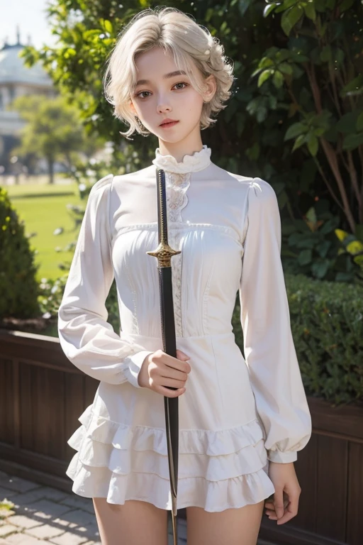 15 year old girl, , slim, flat chest, short white hair, extremely curly, perfect face, victorian short dress, long sleeve, to the neck, showing her legs, holds a short sword with both hands.