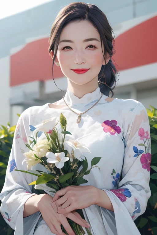 Beautiful mature 55 year old Japanese woman, Married women, Fine Lines, Fine wrinkles, Long eyelashes, Shining Eyes, Low Ponytail, Red lipstick, smile, elegant, Gorgeous figure, Pearl Necklace, Summer clothes, Low-cut open-neck blouse, Floral print slit skirt, Holding a bouquet, whole body, Shooting on green grass, (Highest quality,4K,8k,High resolution,masterpiece:1.2),Very detailed,(Realistic,photoRealistic,photo-Realistic:1.37),High resolution,超High resolution,Studio Lighting,Ultra-fine painting,Sharp focus,Physically Based Rendering,Very detailed説明,Professional,Vibrant colors,Bokeh,Portraiture
