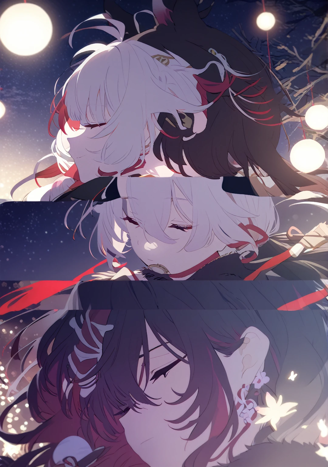 Man and woman couple, walking under the stars, at night, very close, 1 girl, Columbina, multicilor hair, two color hair, colored inner hair, decoration for your hair, black fur, with red outline, closed eyes, 1 chico, Kaedehara Kazuha, white hair with a red streak, hair ornament