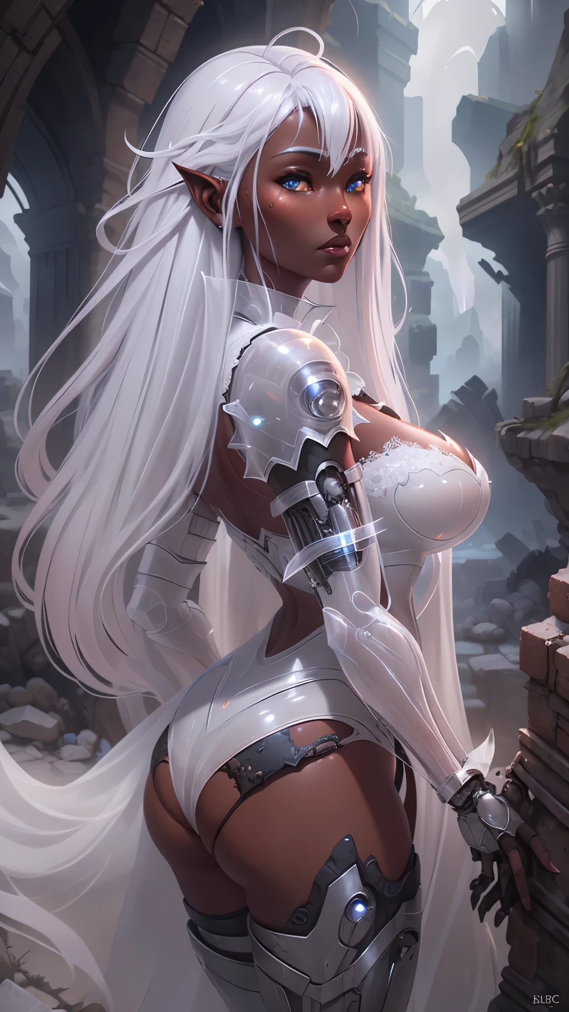 girl with big breasts, with exotic red clothing, (dark ebony skin:1.4) , round and big butt, Epic Fantasy Art Style HD, 4K fantasy art, epic fantasy digital art style, epic fantasy art style, Fantasy Woman, epic fantasy art portrait, Epic fantasy style, hyperrealistic fantasy art, hd fantasy art, Epic fantasy character art, epic fantasy art, in style of dark fantasy art, epic fantasy digital art, (cinematic lighting :1.4), ( style lingerie net:1.4), (long white gray hair :1.4),( cyborg mecánica white plastic transparent :1.4),( cyborg white transparent :1.4), ,(Ruined dungeon ruins background:1.4 )