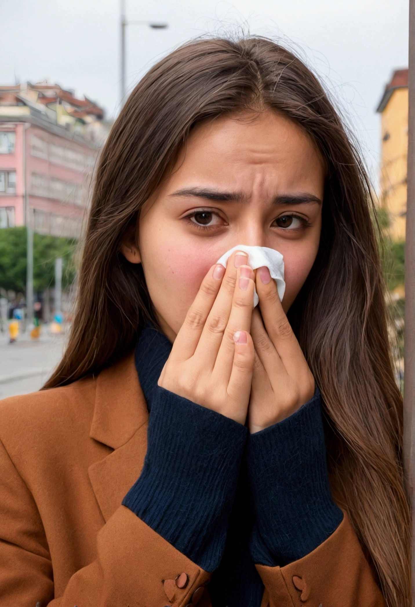 23-year-old woman covered her nose because of the unpleasant smell and felt uncomfortable, on the city