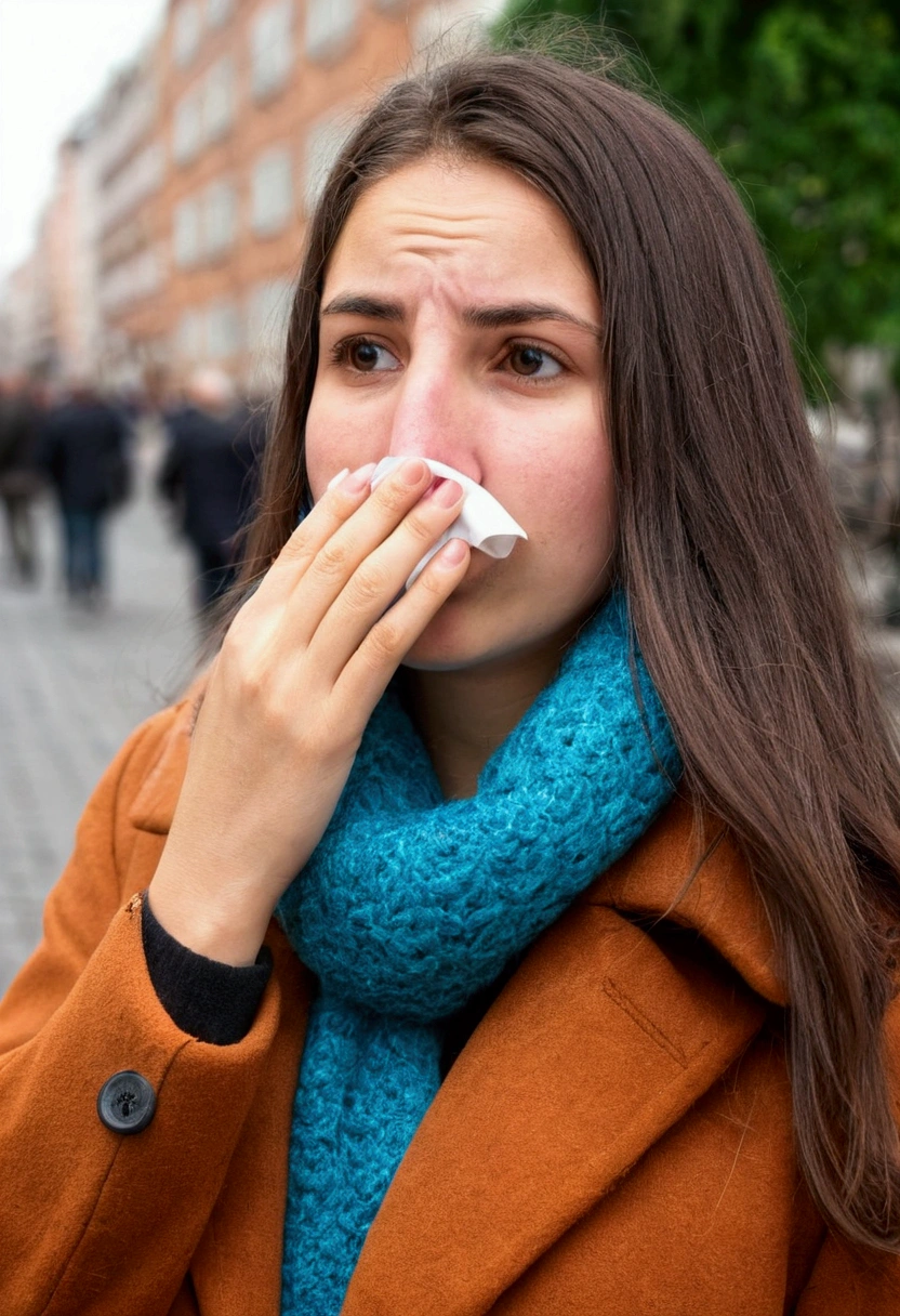 23-year-old woman covered her nose because of the unpleasant smell and felt uncomfortable, on the city