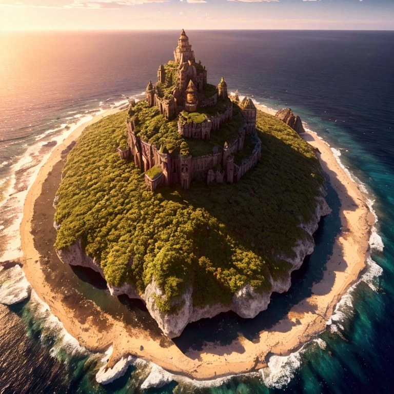 a flying island, Mysterious golden island that exudes a beautiful warmth, wide shot, cinematic angle, realistic, hyper-realistic, photorealistic, (best quality,4k,8k,highres,masterpiece:1.2),ultra-detailed,(realistic,photorealistic,photo-realistic:1.37),vivid colors,dramatic lighting,