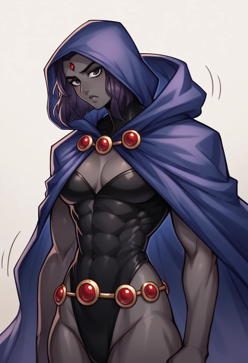 1 adult girl, Raven, black skin black leotard, black cloack, hooded cloak, Long black wavy hair, forehead jeauel, purples eyes, waist belt, firm skin, standing, toned, breastsout, pose, natta, moonlights, ((posando)), motion lines, trunk, trunk, portraite, b&au. Contour,