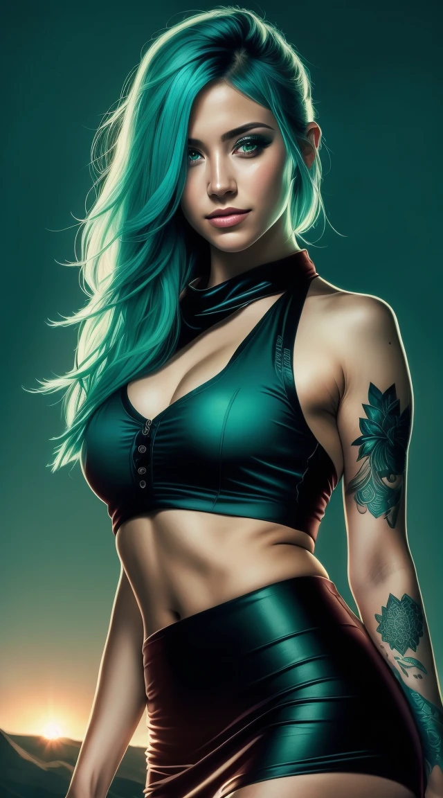 Woman with blue hair and a tattoo, ,wearing black blaser, skirt, photorealistic costume style, dark turquoise and light emerald, realistic marine paintings, uhd image, spirals, aurorapunk (masterpiece, side lighting, beautiful finely detailed eyes: 1.2 ), hdr,night scene, up close photo of a sexy naked girl, posing, looking at a camera and smiling, pink ponytail hair,  (green eyes: 0.8), beautiful young face, 18 yo, soft volumetric lights, (backlit: 1.3), (cinematic: 1.3), intricate details, (ArtStation: 1.2)