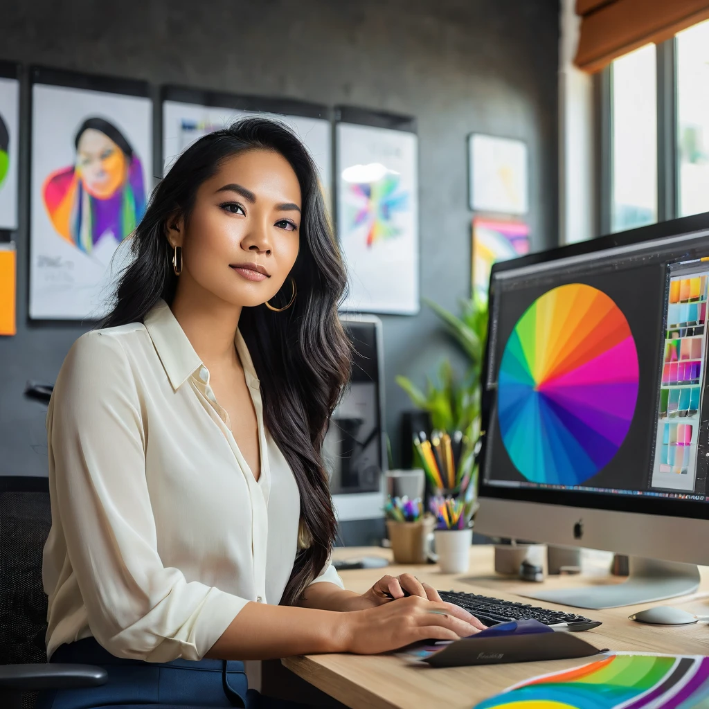 Create an image of a professional Malayan pretty beautiful woman working as a graphic designer in a modern, stylish office. She is seated at a sleek desk with a large, high-resolution monitor displaying vibrant, creative design work. The workspace is filled with design tools like a drawing tablet, color palettes, and inspirational posters on the wall. She is focused and confident, dressed in hippie casual professional attire.