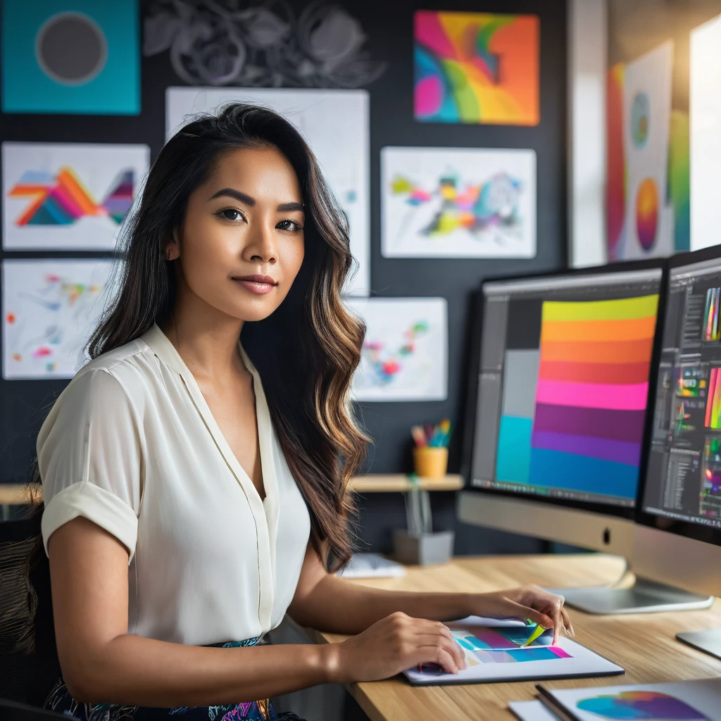Create an image of a professional Malayan pretty beautiful woman working as a graphic designer in a modern, stylish office. She is seated at a sleek desk with a large, high-resolution monitor displaying vibrant, creative design work. The workspace is filled with design tools like a drawing tablet, color palettes, and inspirational posters on the wall. She is focused and confident, dressed in hippie casual professional attire. 