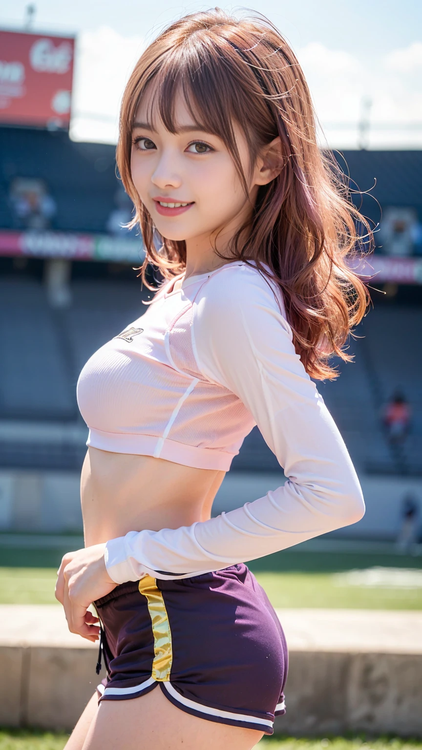 masterpiece, Highest quality, Very detailed, High resolution, (Realistic, photoRealistic:1.37), Excellent anatomy, One beautiful woman, Cheerleader, A small smile, cheer leading, Cheerleader uniform, (shape), Micro Pleated Mini Skirt, ((Very delicate and beautiful)), (Bokeh, Blurred outdoor background), Brown Hair, Long Hair, bangs,Very beautiful face, Cute type, Big Natural Color Lip, Big and pretty eyes, Brown eyes, Obvious double, Small and cute nose, Brown eyes, Shiny highlight spots around the eyes, Character Focus, Tilt your head, The best light, Best Shadow, mysterious, Perfect Face, Very detailed, Soft Skin, (Glowing Skin, Sweaty: 1.2)&#39;Beautiful feet, Voluptuous thighs, Plump body, Huge breasts, (Expresses the roundness and softness of the chest area.........1), Beautiful body, (The perfect woman), 